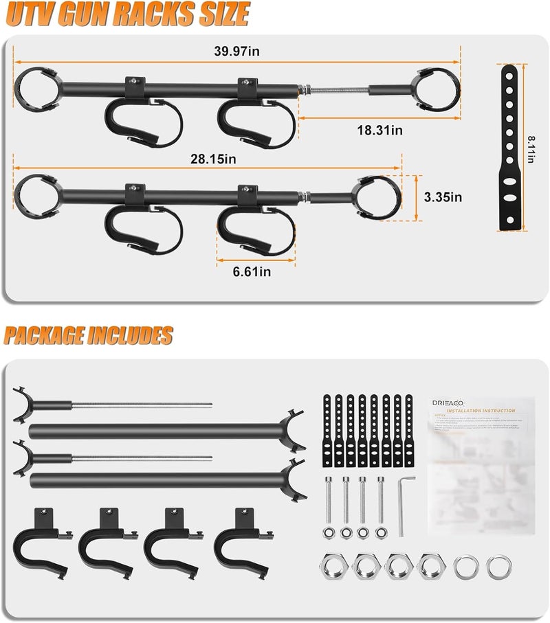Drieaco Store UTV Overhead Gun Rack Fits 21-28" Spacing Roll Bars, Adjustable UTV Gun Holder Rifle Rack for Polaris Ranger Honda Pioneer Mule Uforce, Shovel Mount Bow Metal Holder Hunting Tool Roof Racks - Image 2